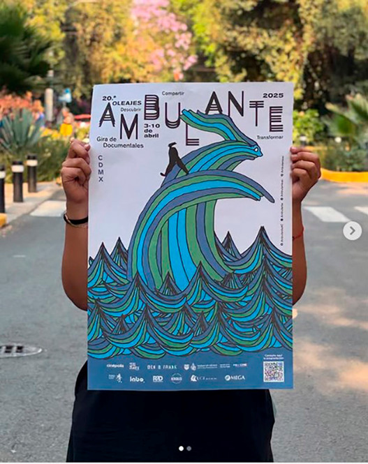 The 2025 poster for Ambulante has stylized cartoon waves and the silhouette of a person walking on the crest of the highest wave. The black text of AMBULANTE zig-zags across the top of the poster.