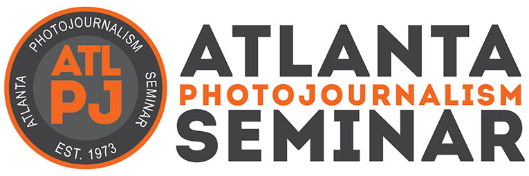 The Atlanta Photojournalism Seminar logo is black and orange text on a white background. To the left of the name is a circle with ATLPJ in orange in a circle.