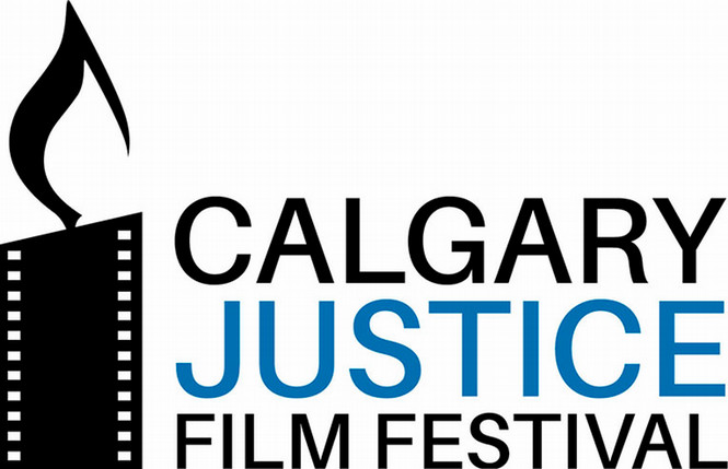 On a white background, the logo for the Calgary Justice Film Festival in black and blue text. To the left of the title is the black and white representation of a candle with the candlestick a piece of film stock and a stylized candle flame on top.