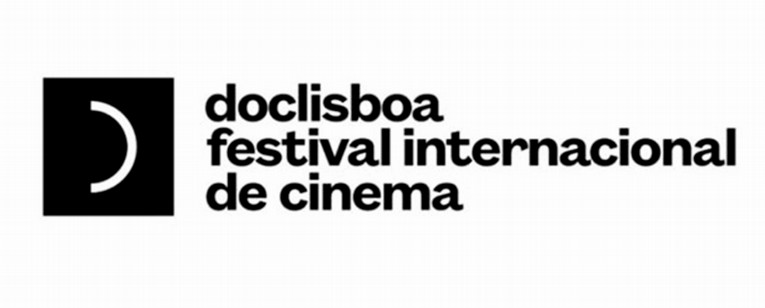 The logo of the 2024 Doclisboa festival on a white background, black text that says Doclisboa festival internacional de cinema. To the left of the text is a black square with a white half circle in it.