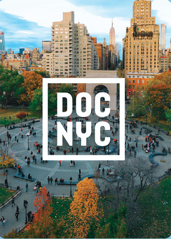 An aerial view of Columbus Circle in Manhattan with the DOC NYC logo in white text inside a white square in the middle of the photo.
