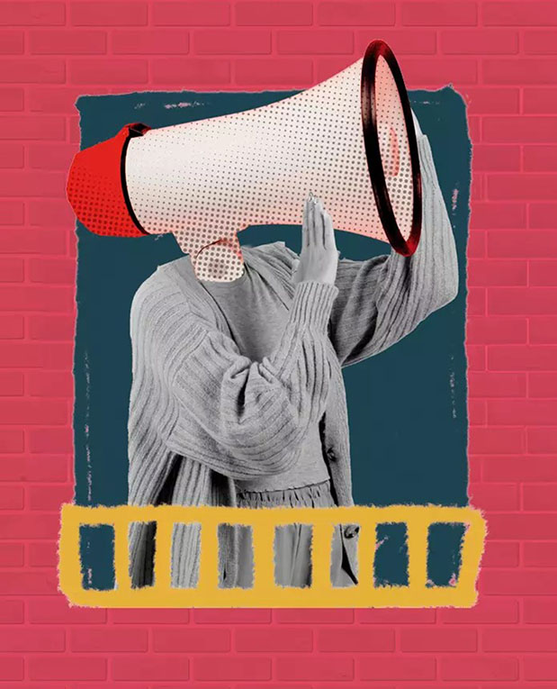 A woman in a grey sweater whose head is replaced by a large red and white bullhorn, her hands raised to cup the opening of the bullhorn as if she were cupping her hands round her mouth to shout something. The image of her has a frame of red bricks and along the bottom of the woman image is a yellow grid reminiscent of a clip of film reel.