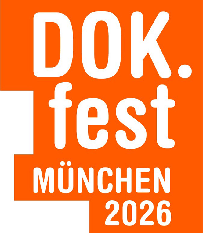 The logo of DOK.fest Munchen 2026 in block white letters on an orange background.