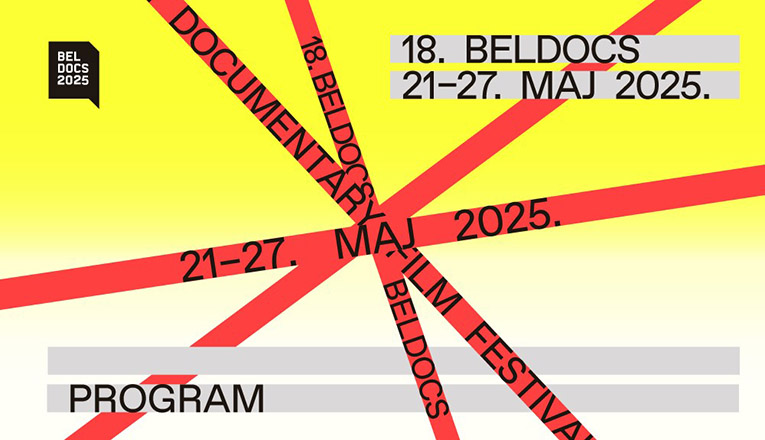 The program cover for the Beldocs festival has a yellow background. Red bands crisscross the background in a star pattern. The bands have the name and dates of the 2025 festival in black letters. A small logo in black and white is in the upper left corner. Grey horizontal lines on the upper right and bottom have the same information.