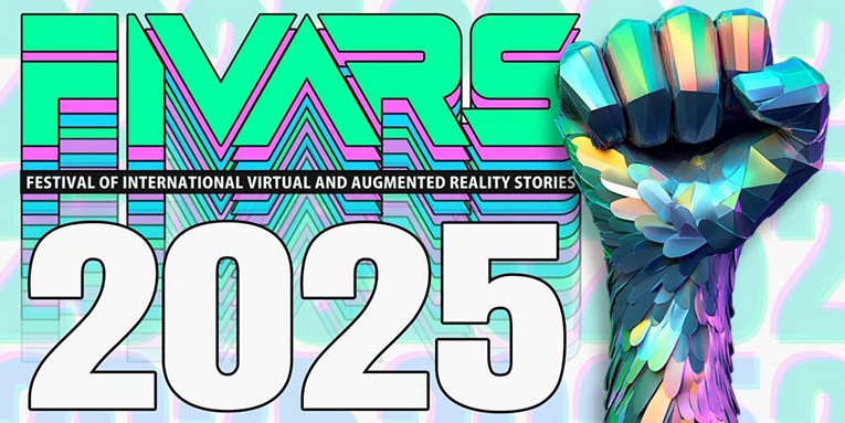 The banner for the festival has the initials FIVARS on the left in a stack of green, pink, purple, and blue. On top of them is 2025 in white. To the right is a clenched fist in rainbow feathers. The background is white with pale 2025 in teal and pink repeated.