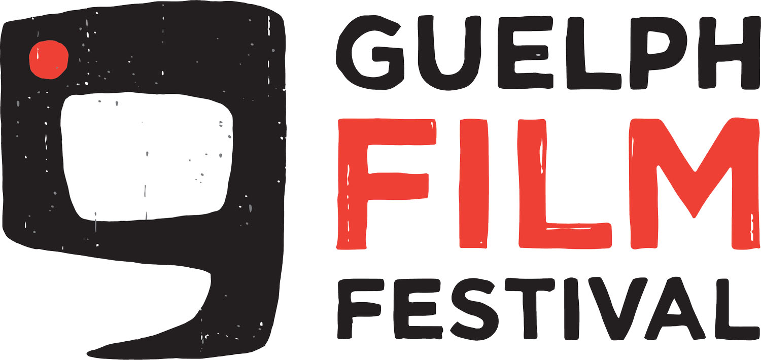 A hand drawn logo, the Guelph Film Festival in black and red font. To the left of the text is a figure nine in black, its center white, and a red dot in the upper left of the nine.