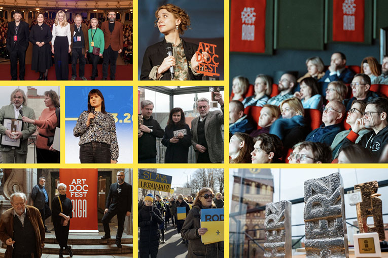 A collage of photos from the 2025 IDFF Artdocfest, In the upper right, an audience shot. In the lower right, sculptures on display. Top center is woman with a microphone. In the center, two men and a woman holding objects. In bottom center is a shot of a march on behalf of the Ukraine. In the top left, six people wearing festival badges. In center left, a woman holding a microphone and a woman holding a microphone for a man. In bottom left is a banner for Artdocfest Riga with three men and a woman arranged around it.