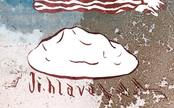 A cartoon with a white, beige and red background. Centered in the image is a white, fluffy object reminiscent of meringue, with the word Jihlava in red script under it.