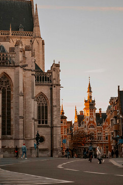 Historic buildings in Leuven, Belgium, with a church in the foreground and a building with the spire in the background.