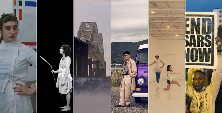 A series of six images from documentary films side by side. From left to right, a women in a white dress, then a woman in white holding a large stick, then an image of a bridge, then a man leaning against the front of a purple Volkswagen van, then two ballerinas practicing, then a Black man holding up a sign that says End SARS Now.