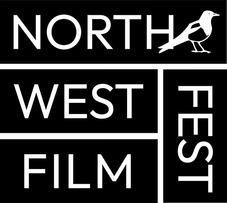 Logo of the North West Film Fest, each word in a black band with white block letters, a magpie image at the end of the word North.
