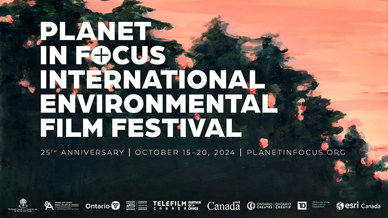 A poster for the film festival, its full name in white text over a photo of dark outlines of pine trees, an orange sunset sky behind the trees.