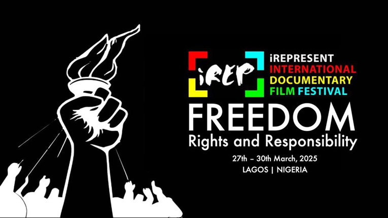 On a black background is the rainbow logo of the film festival, below it the words Freedom Rights and Responsibility, the 2025 dates of the festival, and Lagos Nigeria. To the left is a white fist holding up a torch like the Statue of Liberty and white arms reaching up toward the flame.