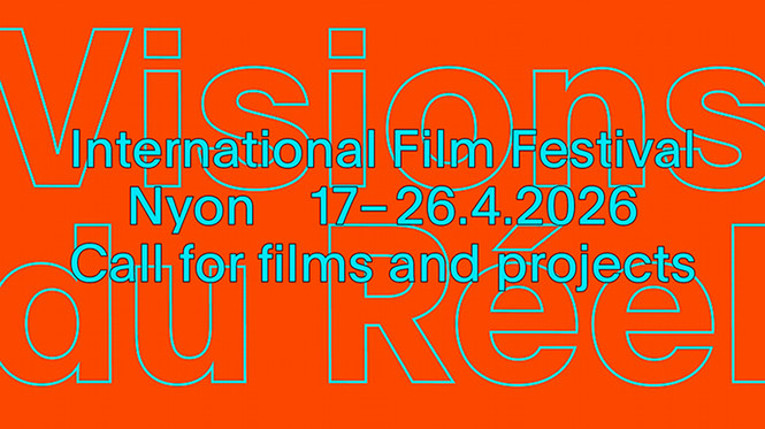 A red background filled with the outlined letters of Visions du Reel. Overlaying the logo are words in blue block letters: International Film Festival, Nyon 17-26.4.2026, Call for films and projects.