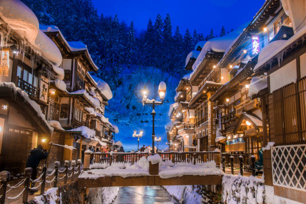 A night scene of traditional Japanese architecture in Yamagata lit by lanterns.